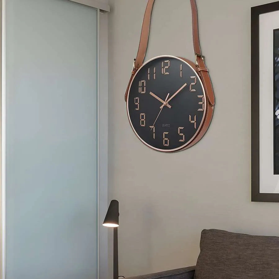 Concrete Wall Clock with Brown Leather Strap~ 5177