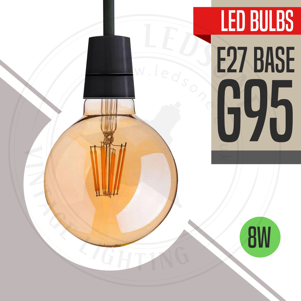 Vintage LED Filament E27 Globe Bulb, Amber Glass, Warm White Light