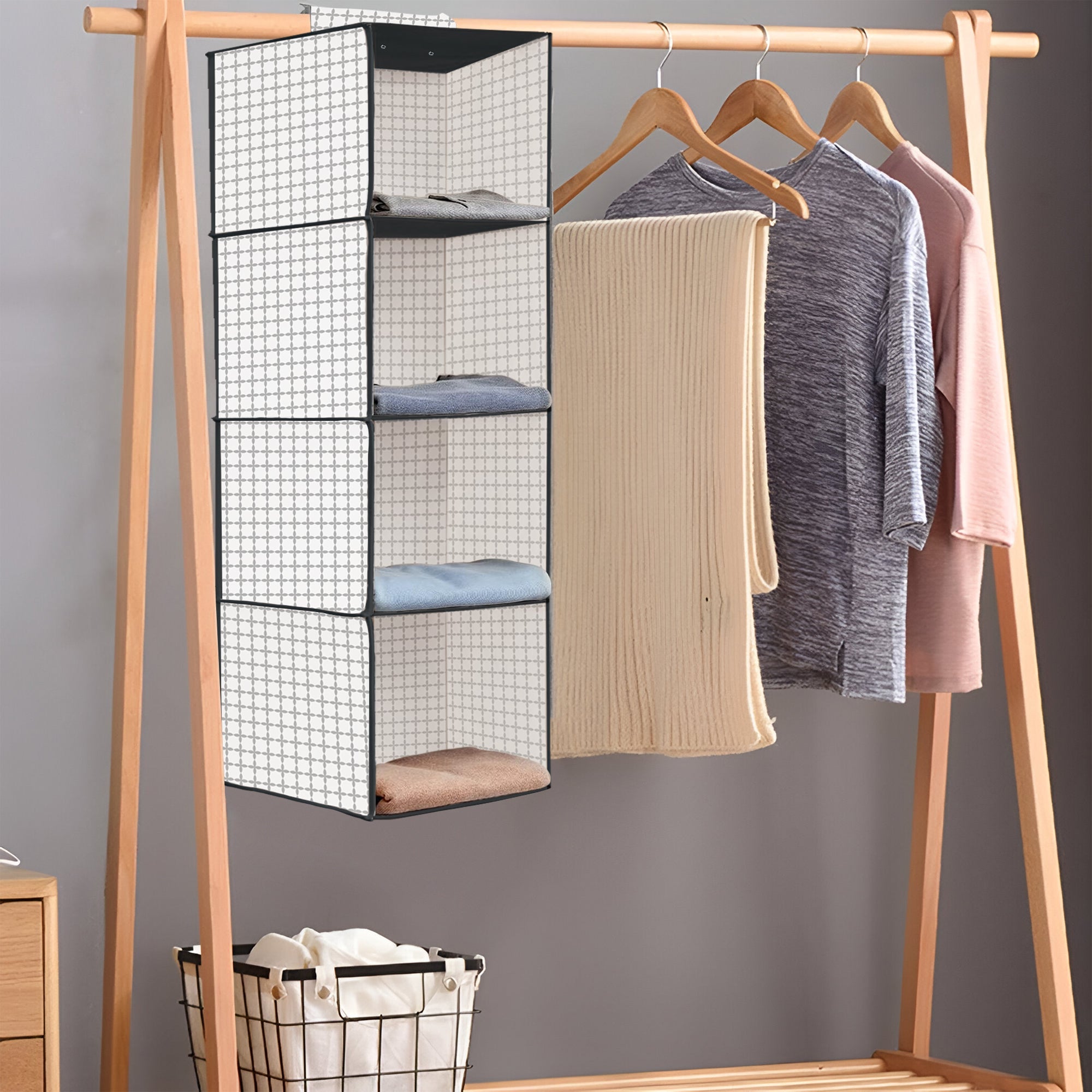 5-Shelf Fabric Hanging Closet Organizer Wardrobe Storage Unit Clothes Shelves