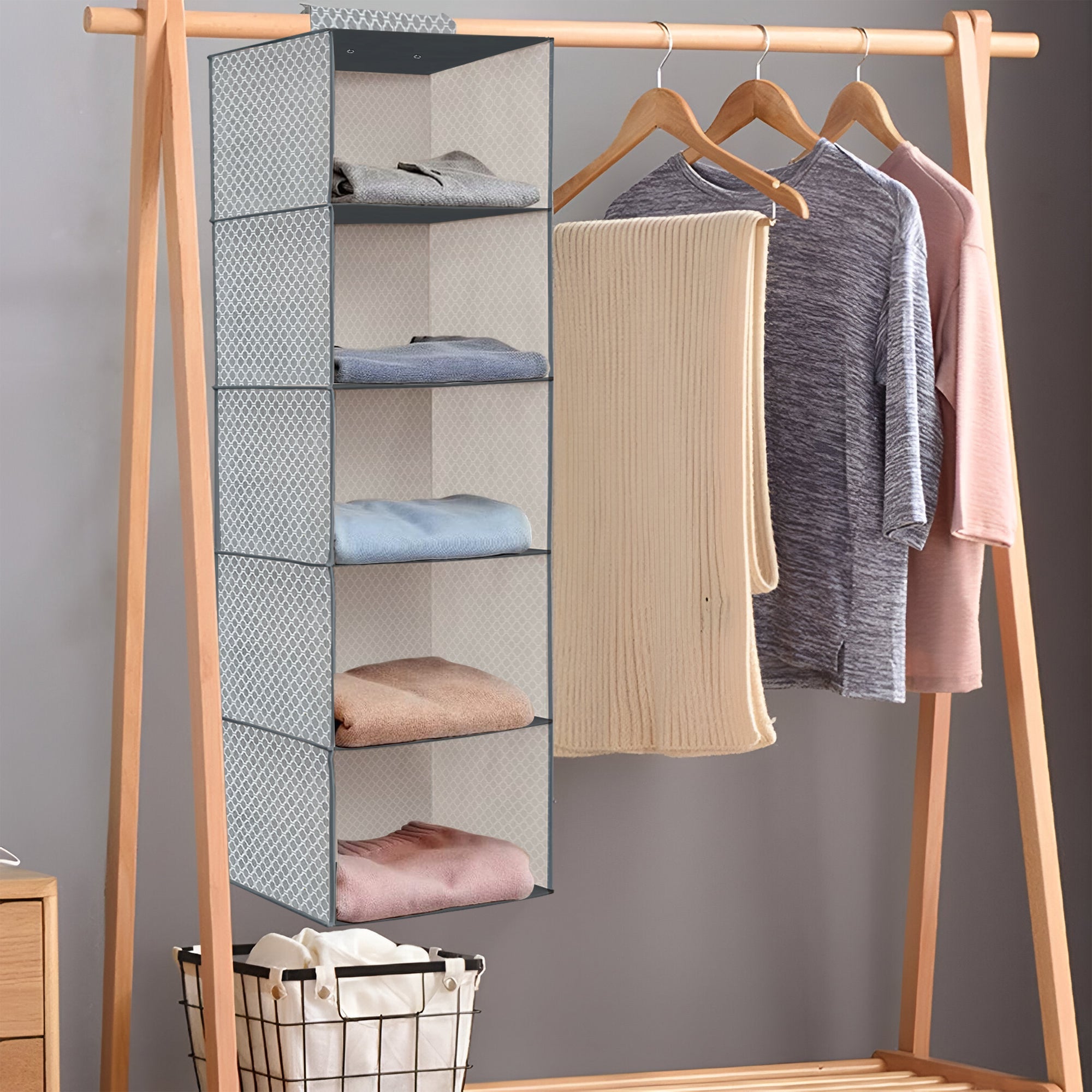 5-Shelf Fabric Hanging Closet Organizer Wardrobe Storage Unit Clothes Shelves