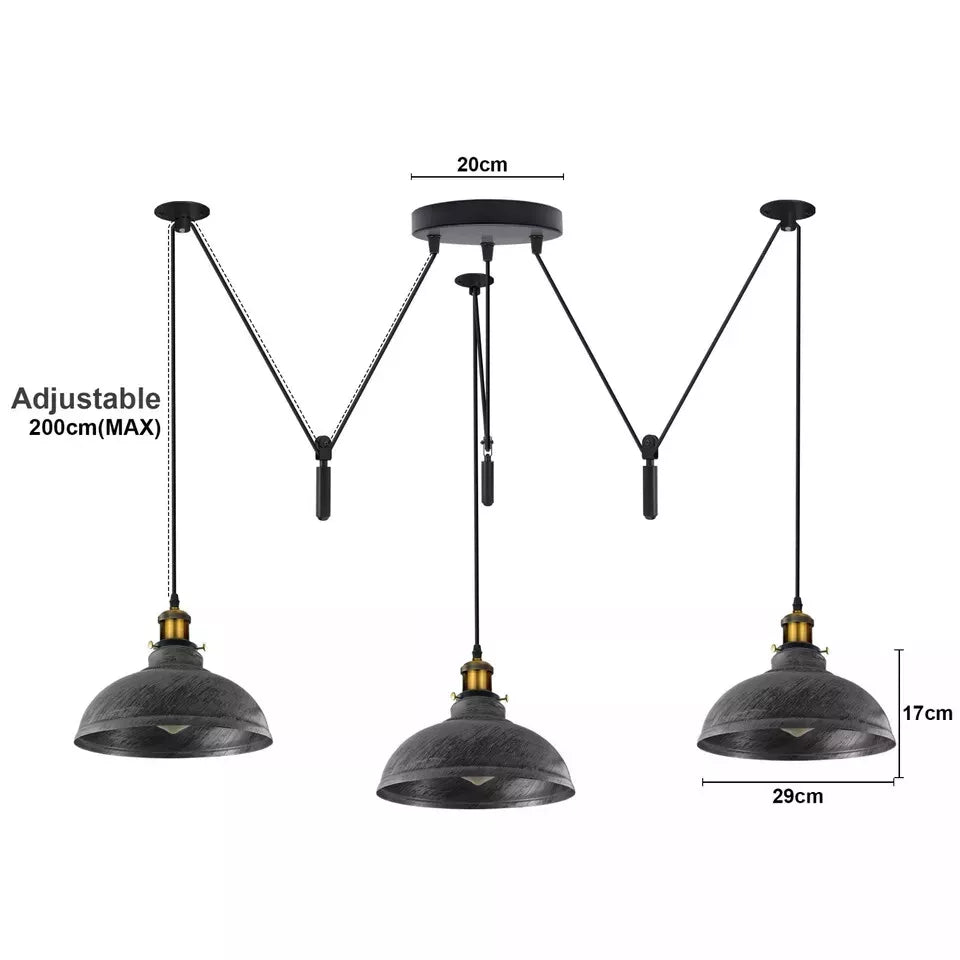 Adjustable Pulley Industrial Pendant Light, Three Dome Shades, E27 Base