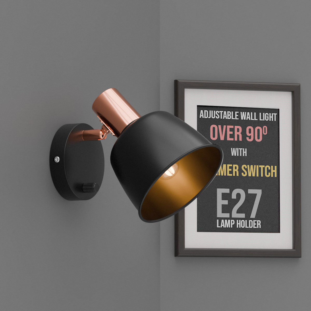 Adjustable Metal Wall Light with Dimmer Switch, Rotatable Arm, Industrial Style