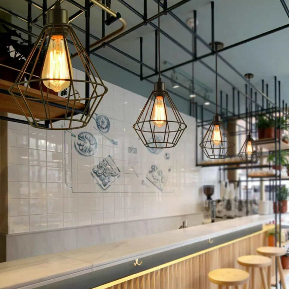 Industrial Black Metal Wire Cage Ceiling Pendant Light E27 Bulb Guard