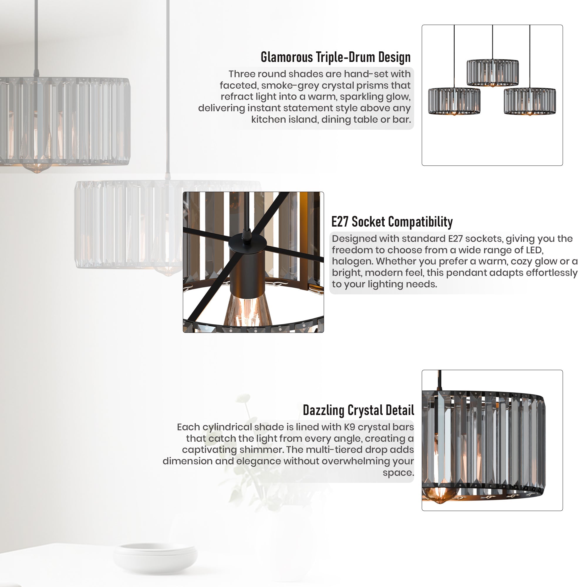 Modern Adjustable 3-Light Crystal Shade Pendant Chandelier~6125