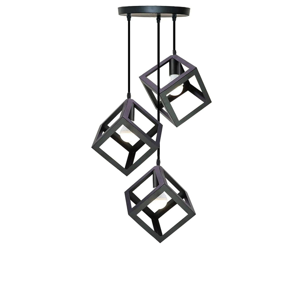 Industrial 3 Head Black Square Wire Cage Bar Pendant Light