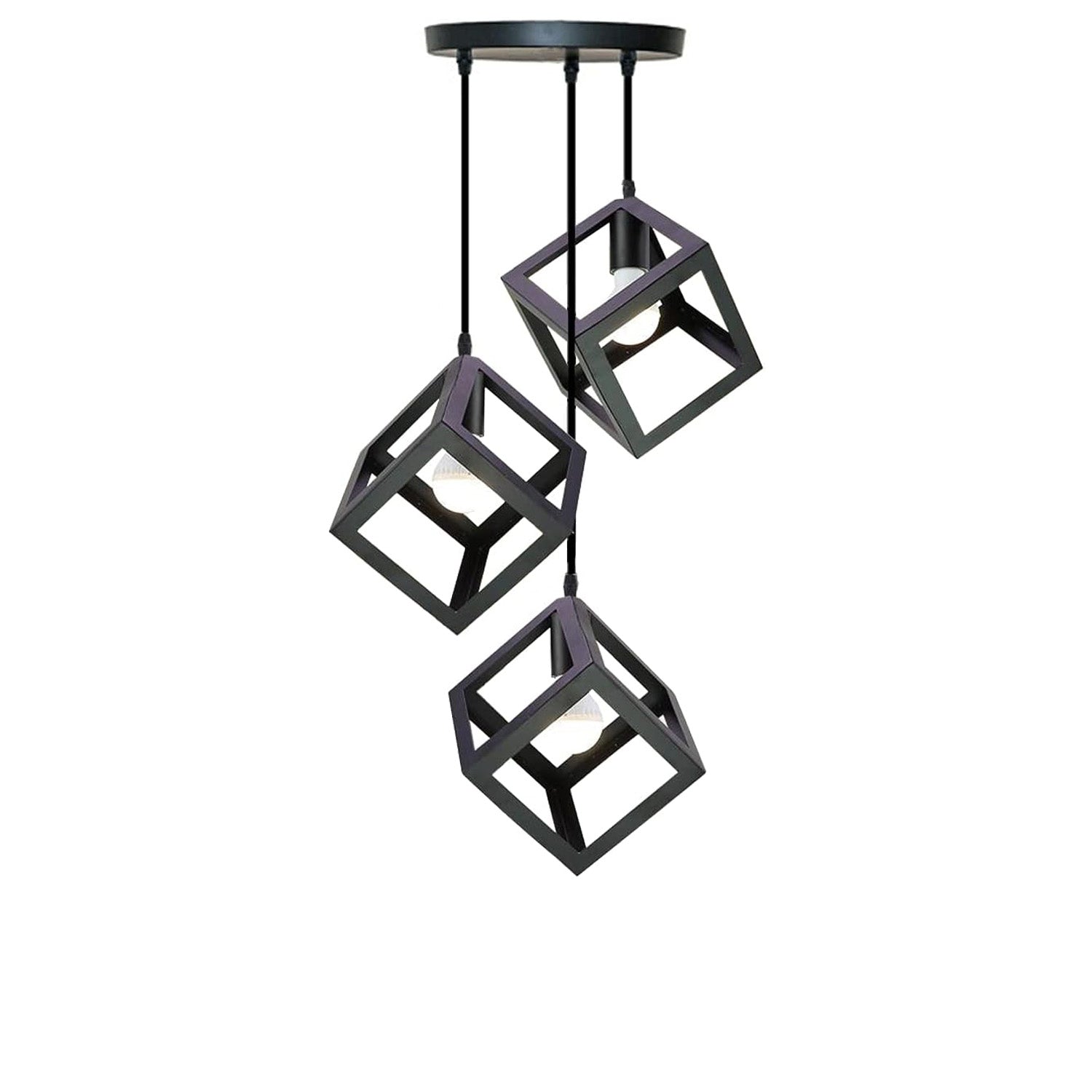 Industrial 3 Head Black Square Wire Cage Bar Pendant Light