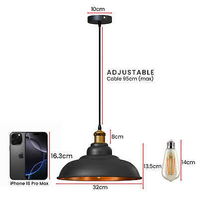 Industrial Black Gold Metal Ceiling Pendant Light Easy Fit Retro Style