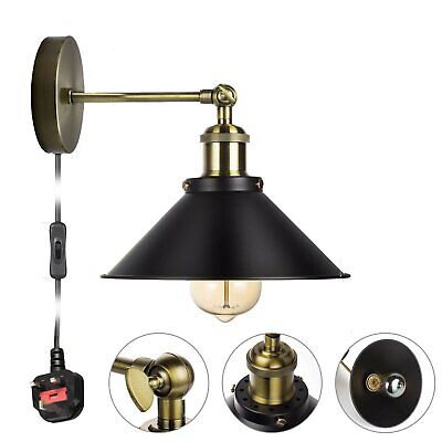 Dimmable Plug-in Industrial Wall Sconce with Vintage Black Metal Shade