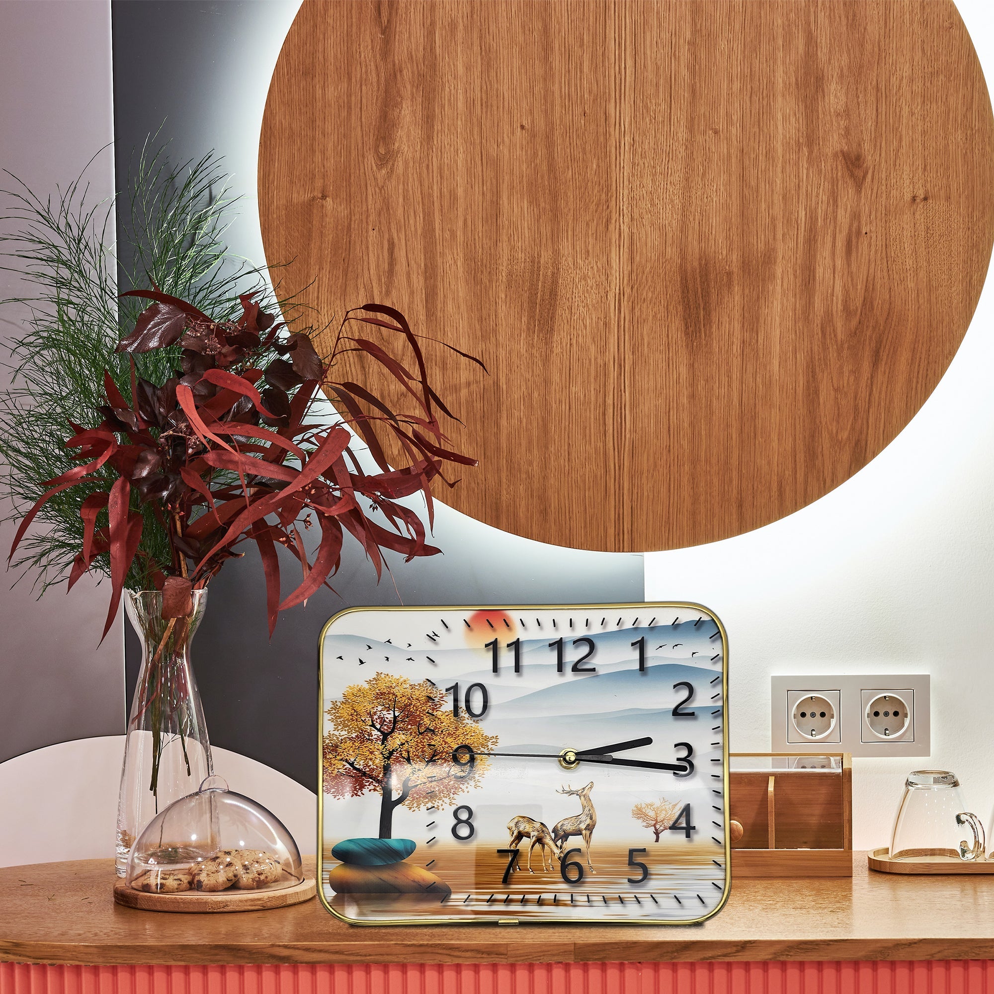 Silent Table Clocks with Deer Vintage Design Painted Metal ~5197