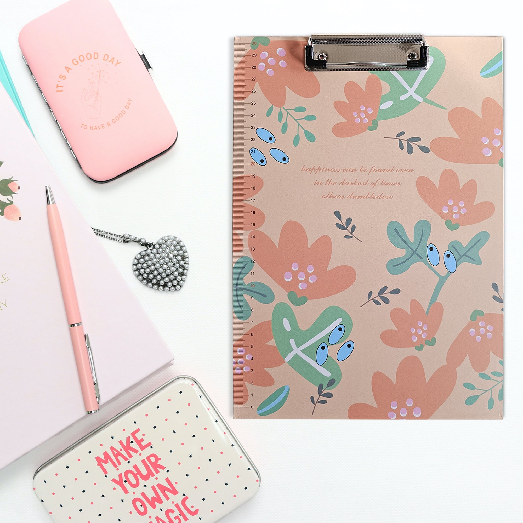 4-Pack A4 Cute Floral Print Clipboard with Metal Clip and Ruler Edge