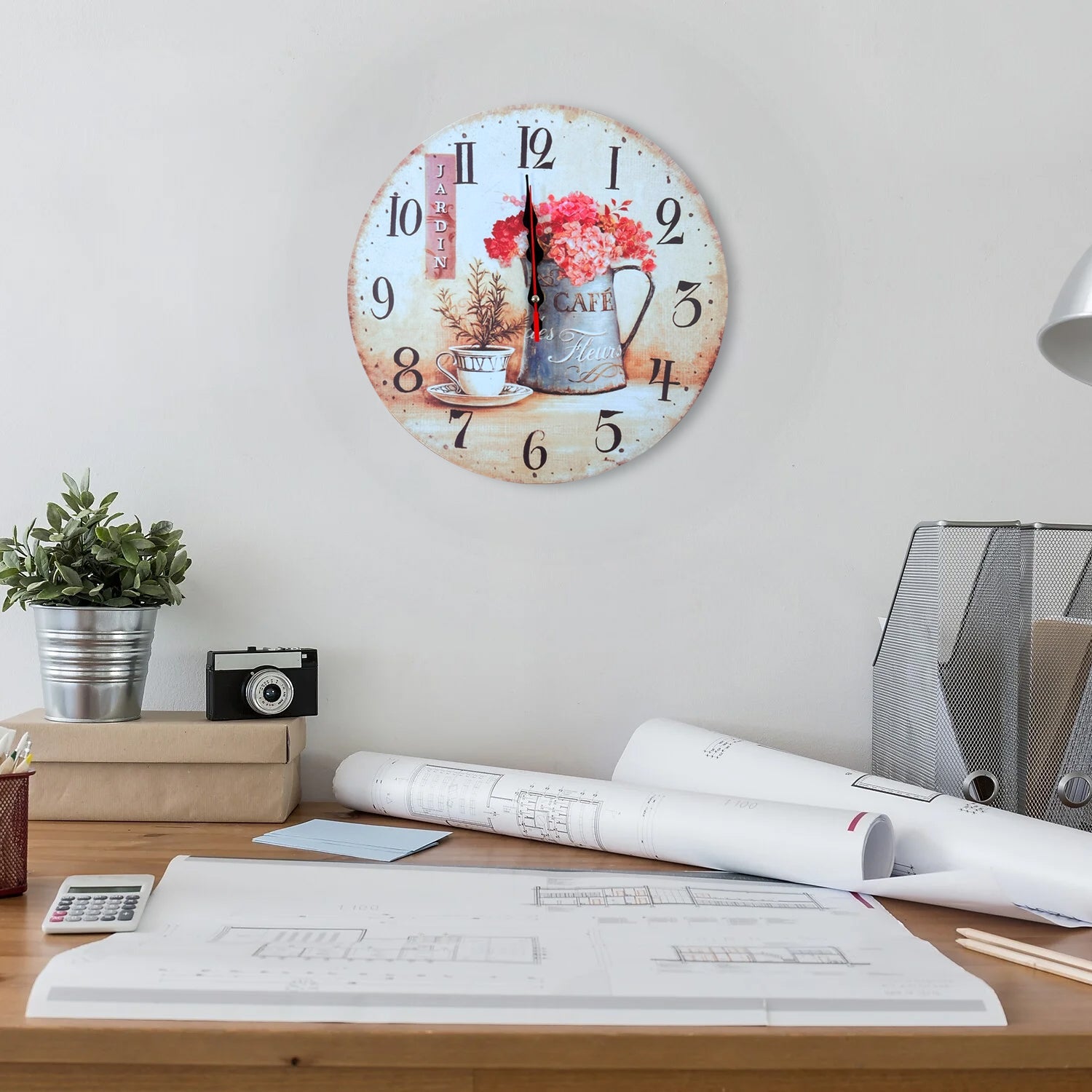 Charming Round Cafe Cup Flowers Ticking Shabby Chic Wall Clock for Home Decor