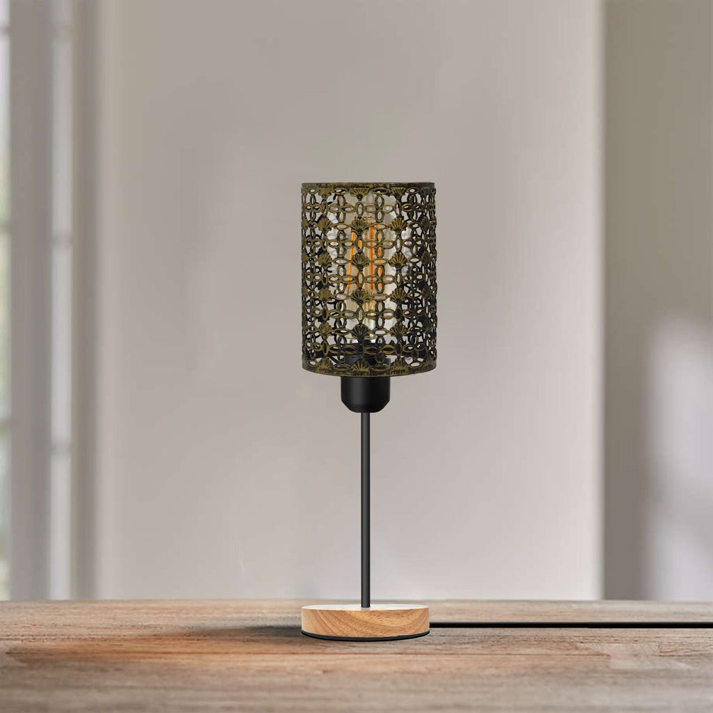 Modern Industrial Metal Cage Table Lamp with Wooden Base, Bedside Desk Light