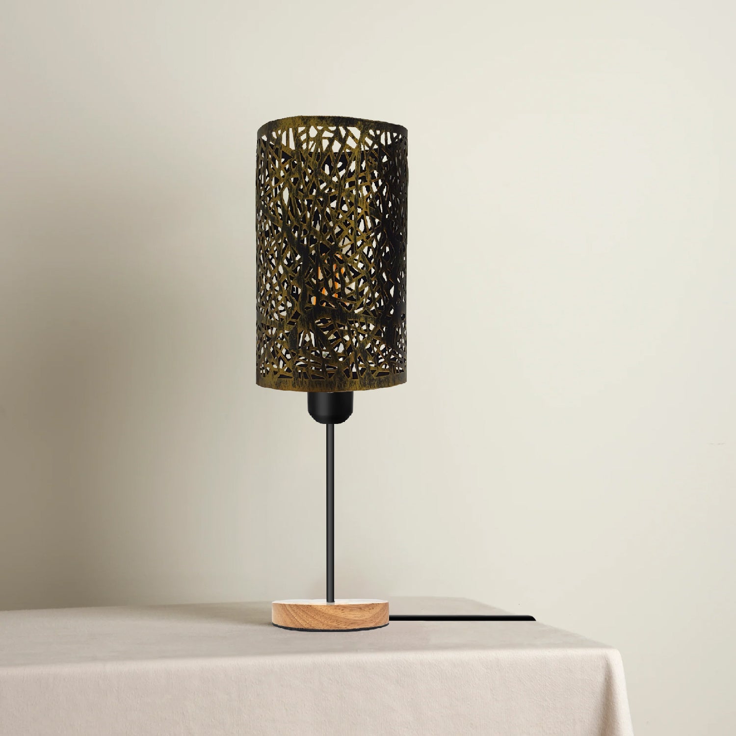 Modern Industrial Metal Cage Table Lamp Wood Base On/Off Switch E27 Light