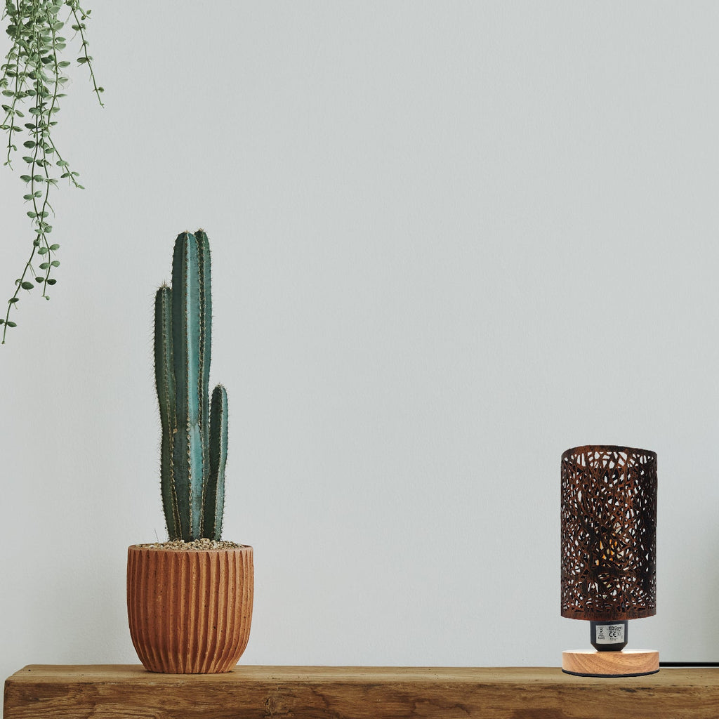 Modern Barrel Cage Table Lamp with Natural Wood Base and Plugin Switch