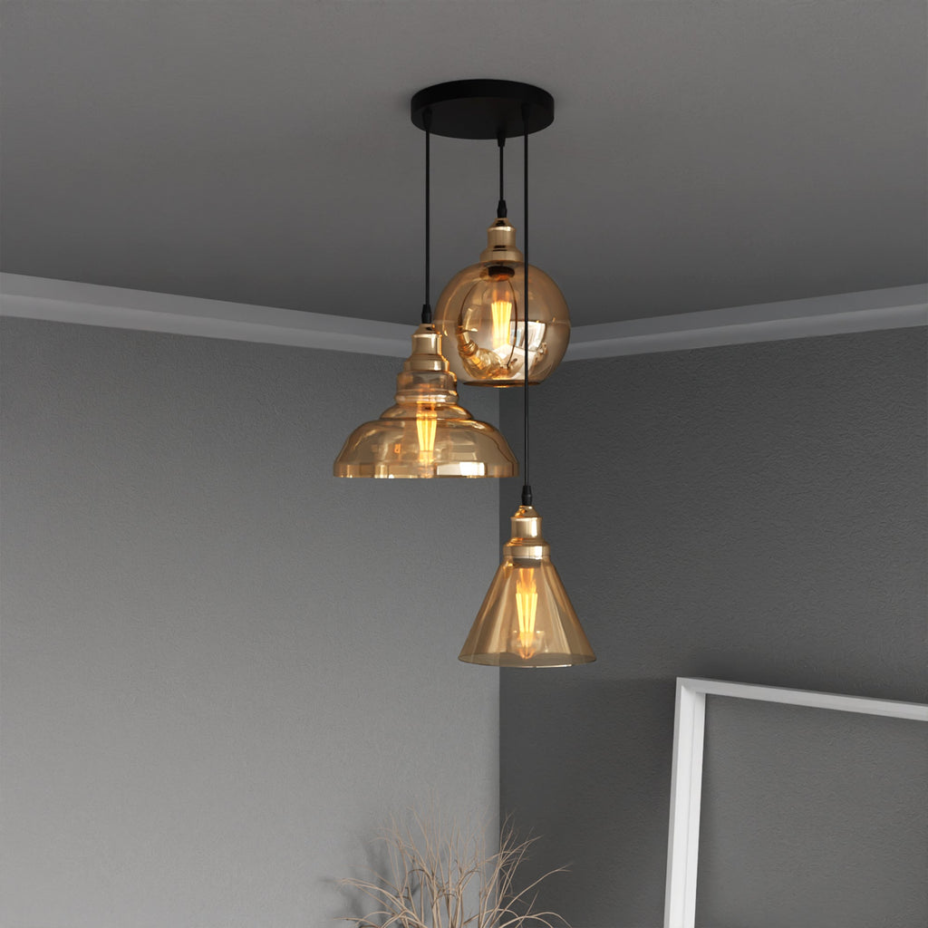 Industrial Style 3-Head Amber Glass Pendant Ceiling Light Fixture~6162
