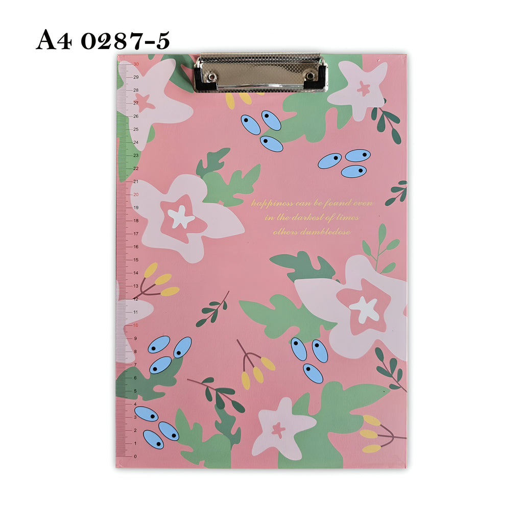 4-Pack A4 Cute Floral Print Clipboard with Metal Clip and Ruler Edge