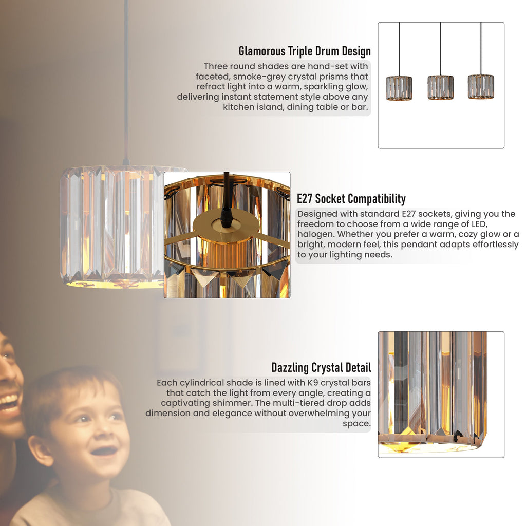 Modern Adjustable 3-Light Crystal Shade Pendant Chandelier ~ 6137