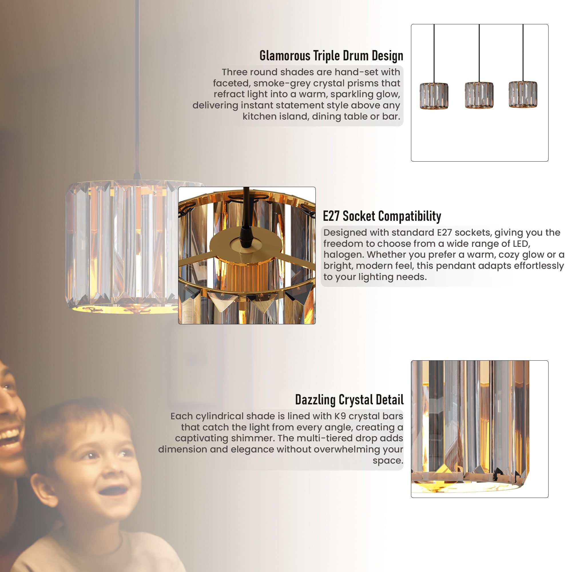 Modern Adjustable 3-Light Crystal Shade Pendant Chandelier ~ 6137