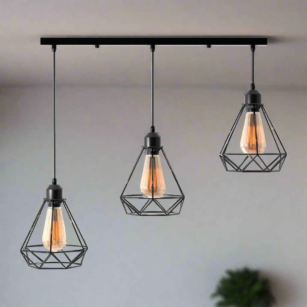 Industrial Black 3-Light Diamond Wire Cage Pendant Ceiling Fixture