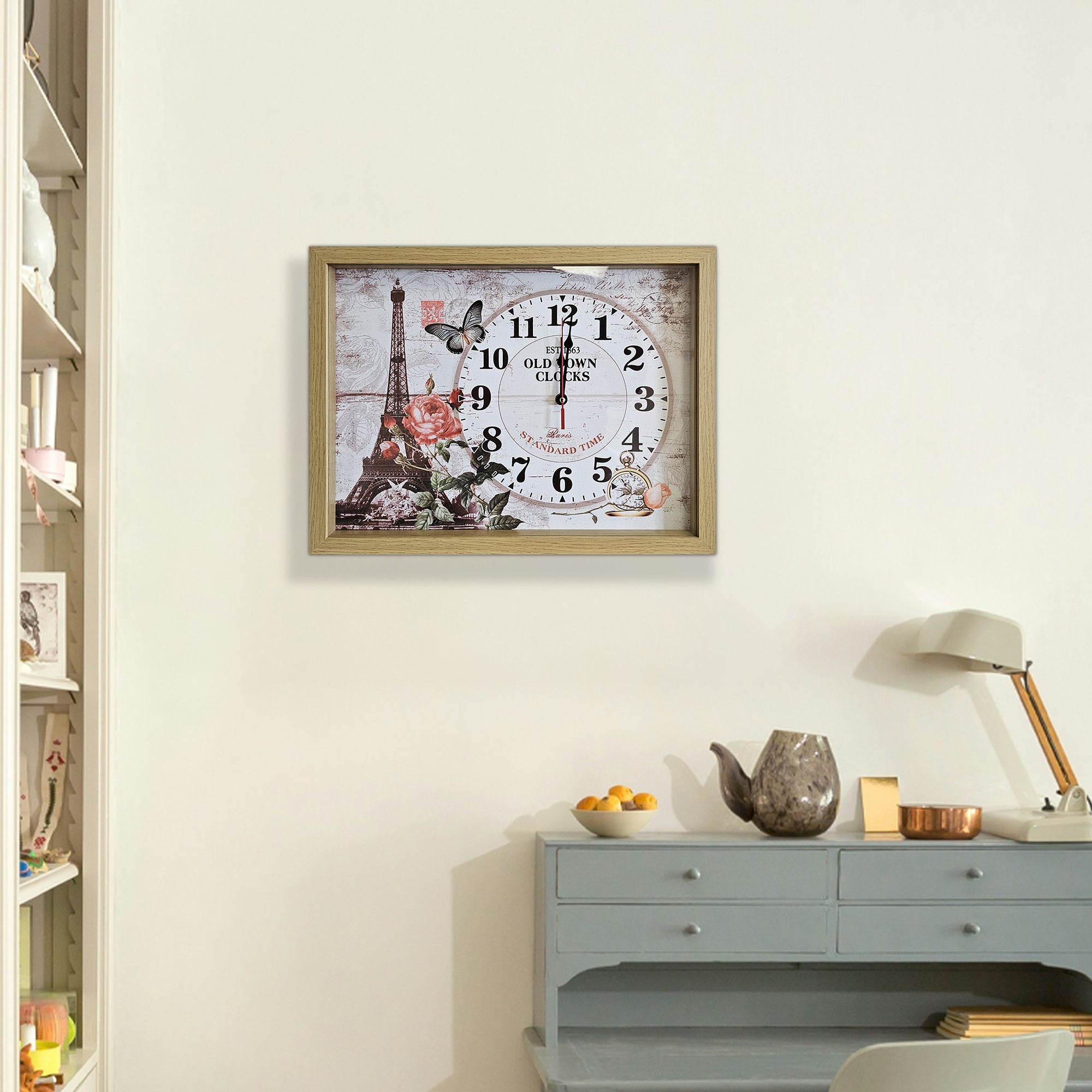 Eiffel Tower Parisian Wood Art Rectangular Vintage Wall Clock