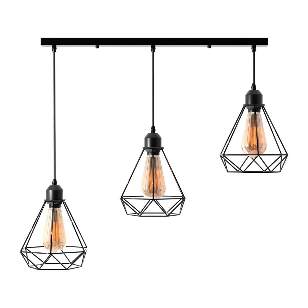 Industrial Black 3-Light Diamond Cage Ceiling Pendant Fixture for Modern Homes