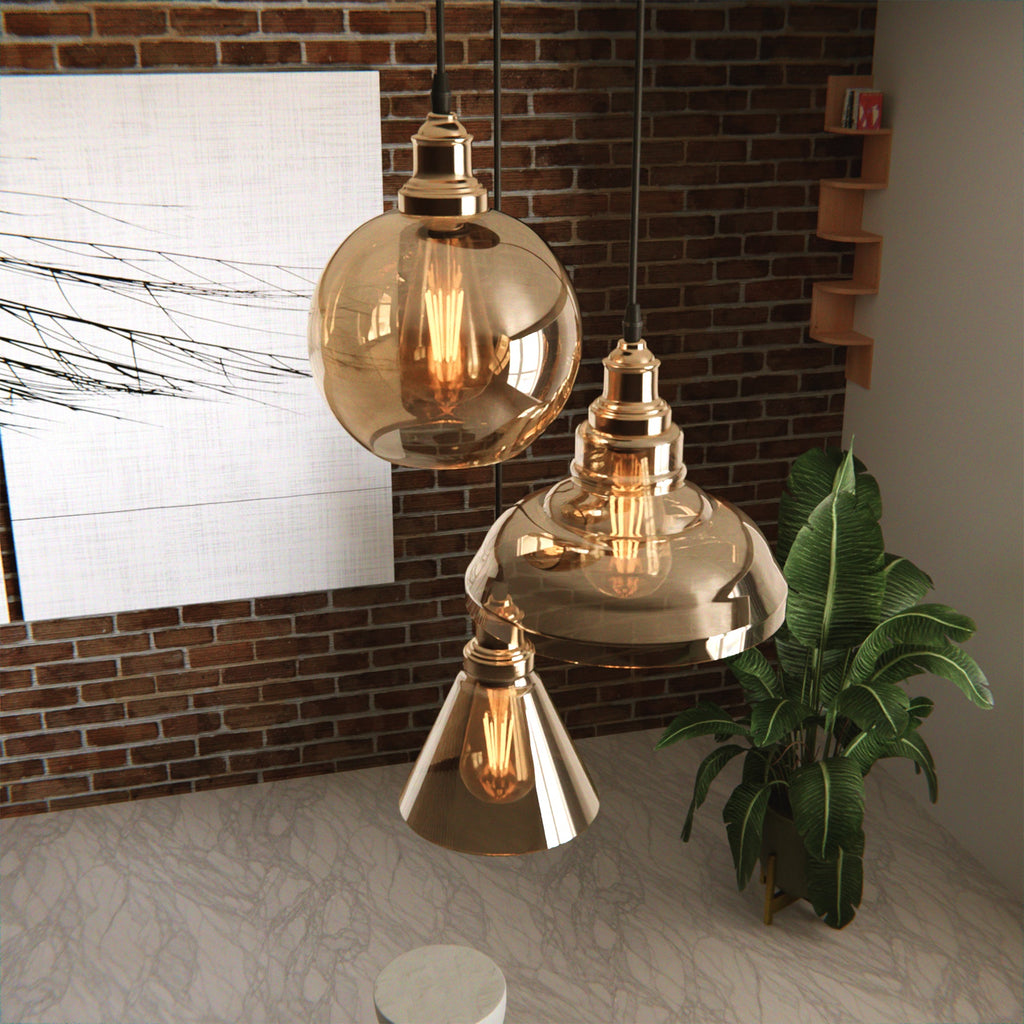 Industrial Style 3-Head Amber Glass Pendant Ceiling Light Fixture~6162