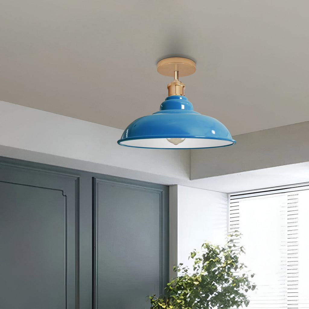 Chic Industrial Vintage Retro Cyan Blue Glossy Flush Mount Ceiling Light E27