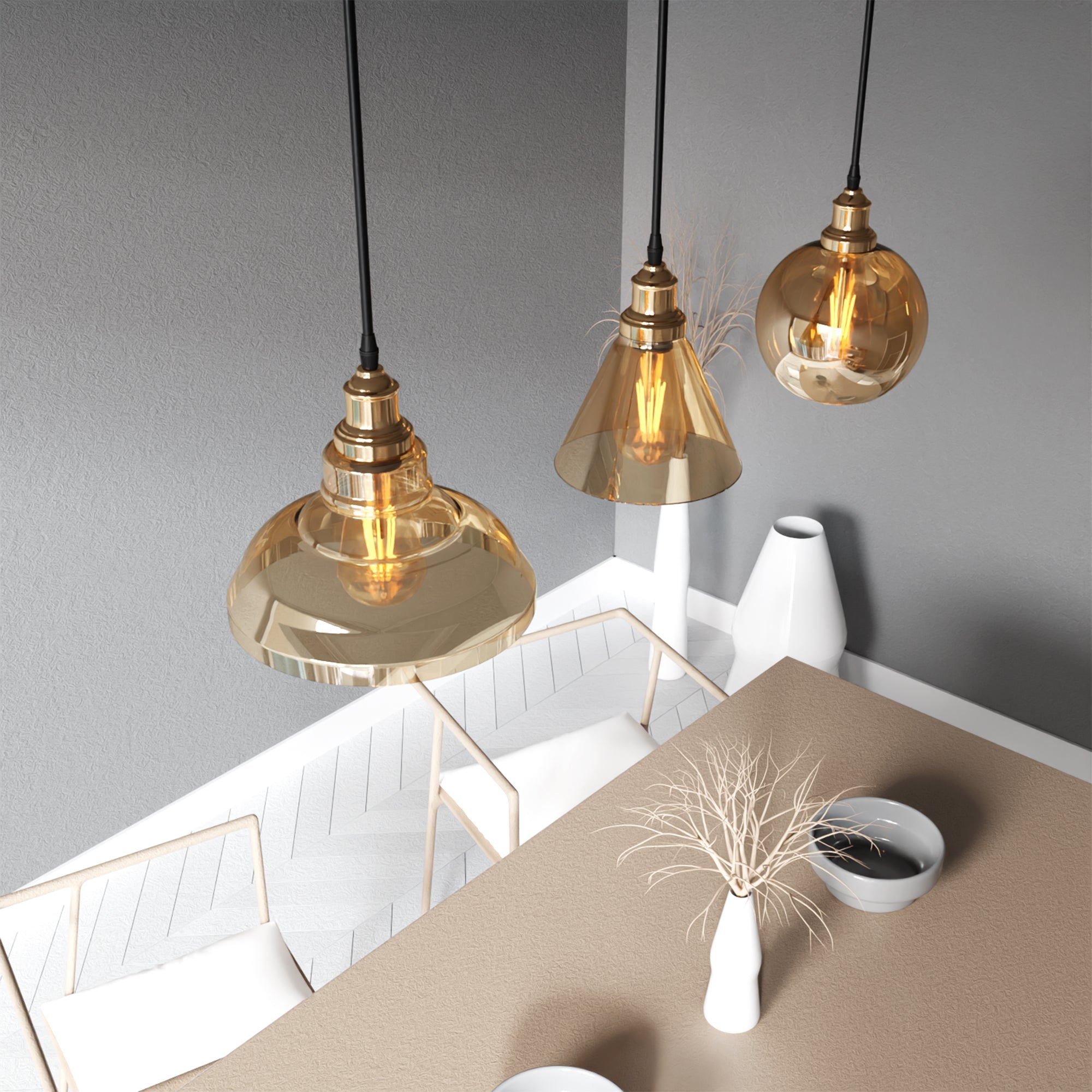 Industrial Style 3-Head Amber Glass Pendant Ceiling Light Fixture~6162