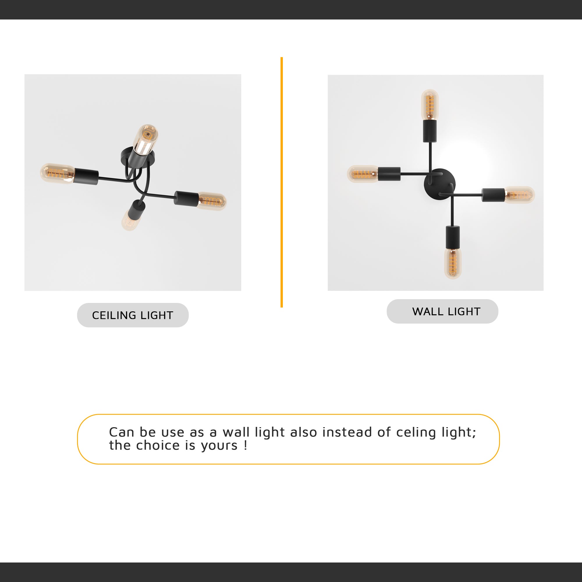 Modern Black 4-Way Adjustable Sputnik Semi Flush Mount Ceiling Light