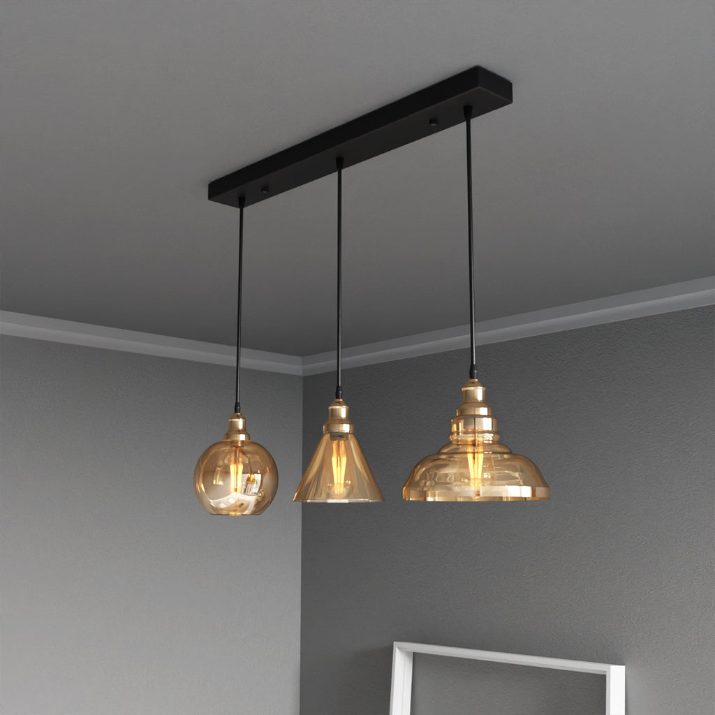 Industrial Style 3-Head Amber Glass Pendant Ceiling Light Fixture~6162