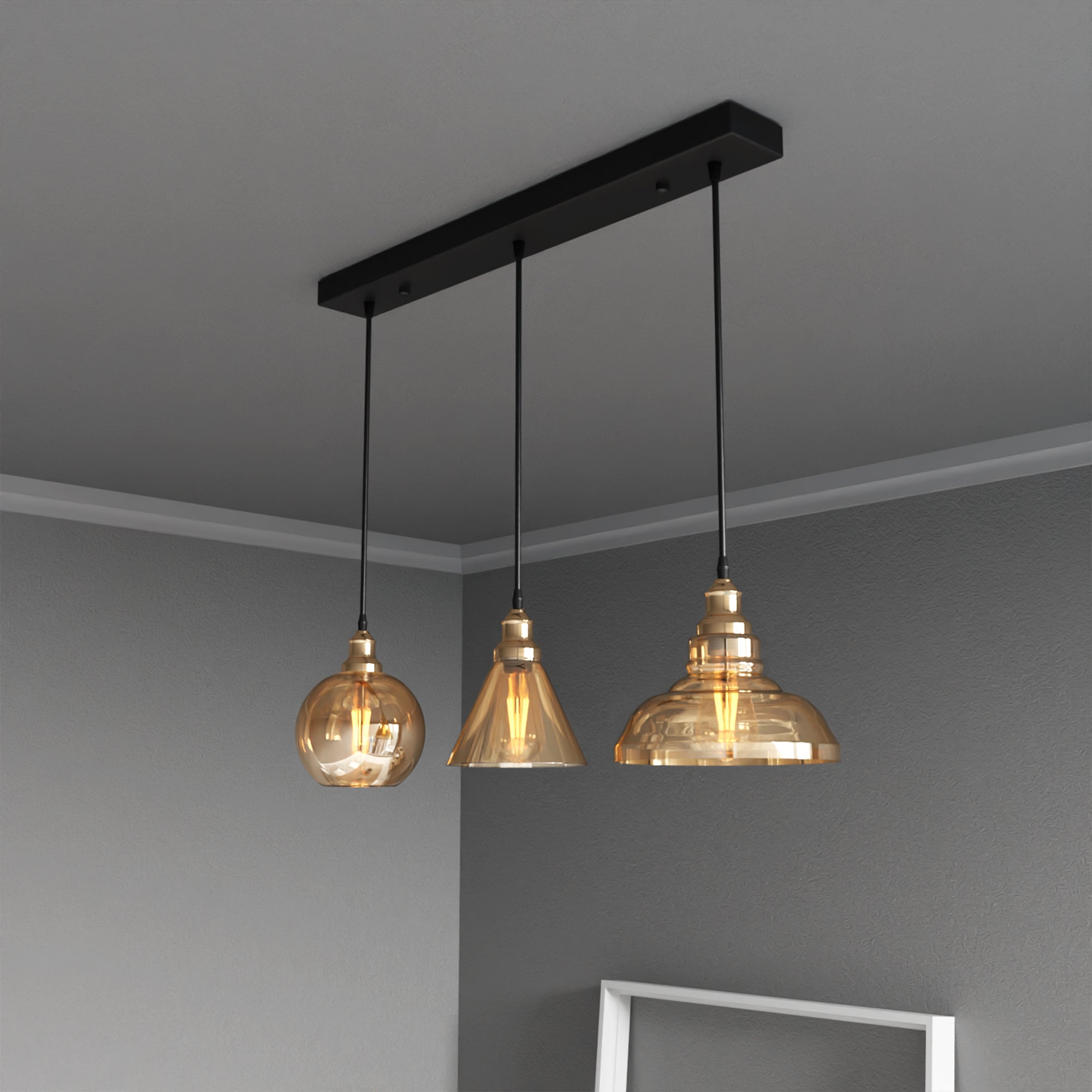 Industrial Style 3-Head Amber Glass Pendant Ceiling Light Fixture~6162