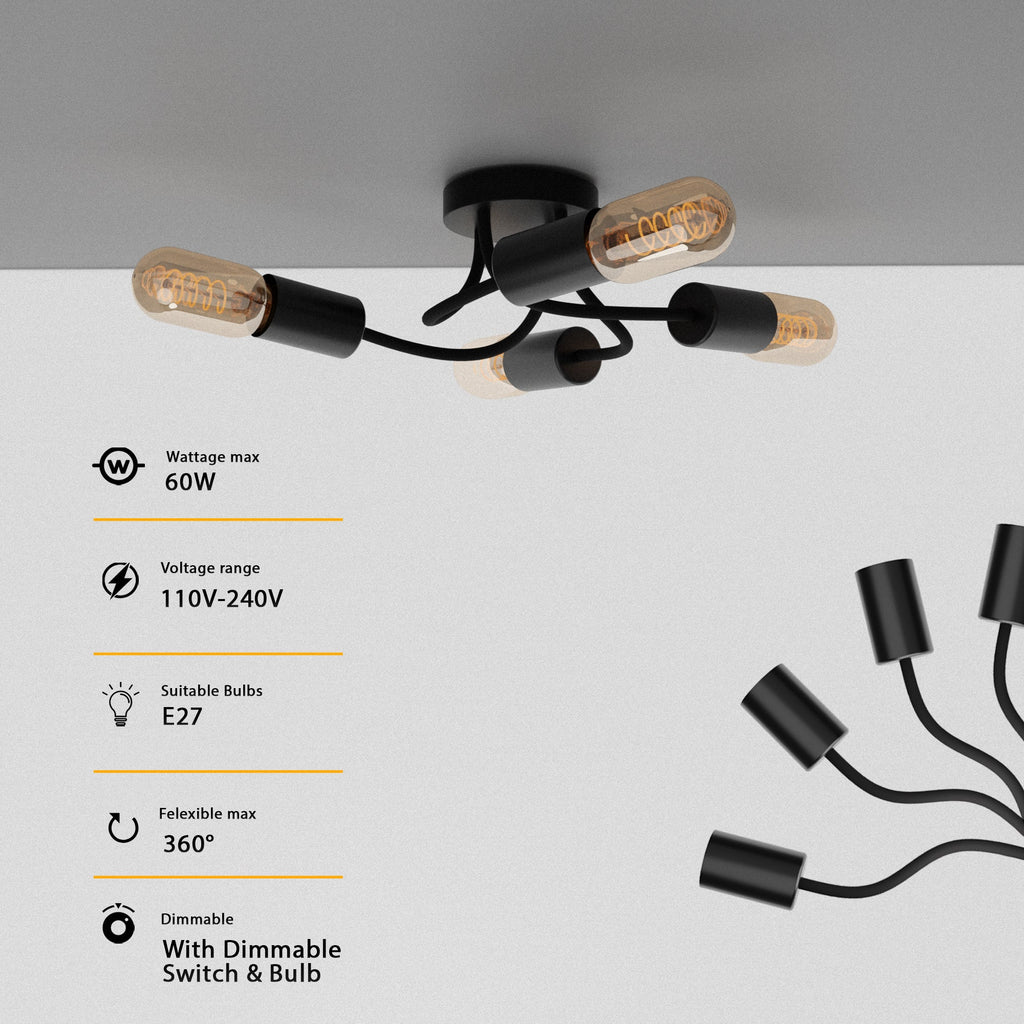 Modern Black 4-Way Adjustable Semi-Flush Mount Ceiling Light Fixture for Home Decor