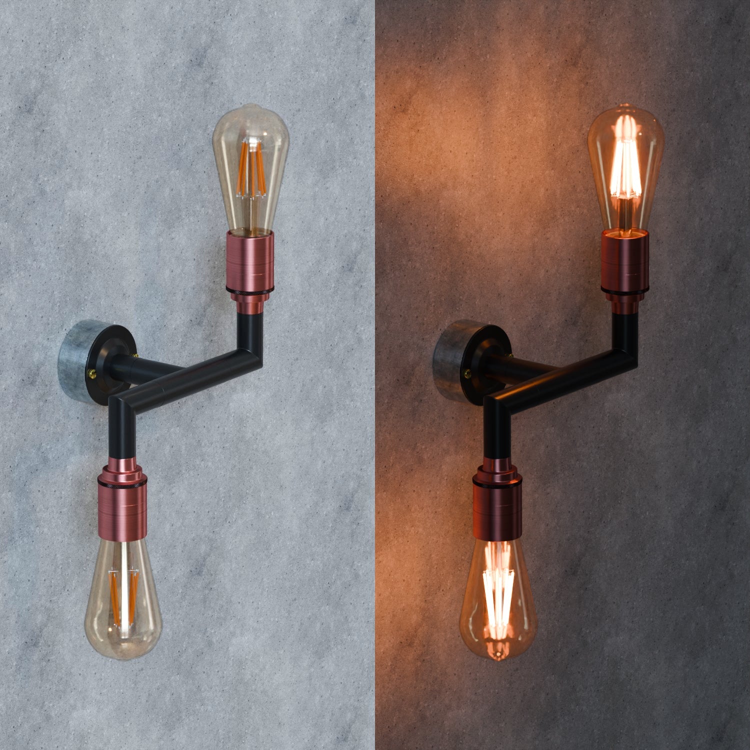 Industrial Conduit Pipe 2-Way Wall Lamp Kit with E27 Sockets, Black Finish