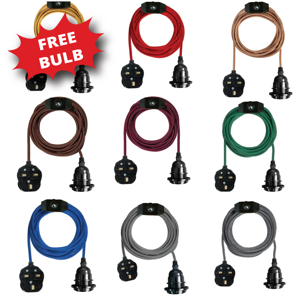 Vintage E27 Dimmable Fabric Plug-in Pendant Light Holder with Free Bulb