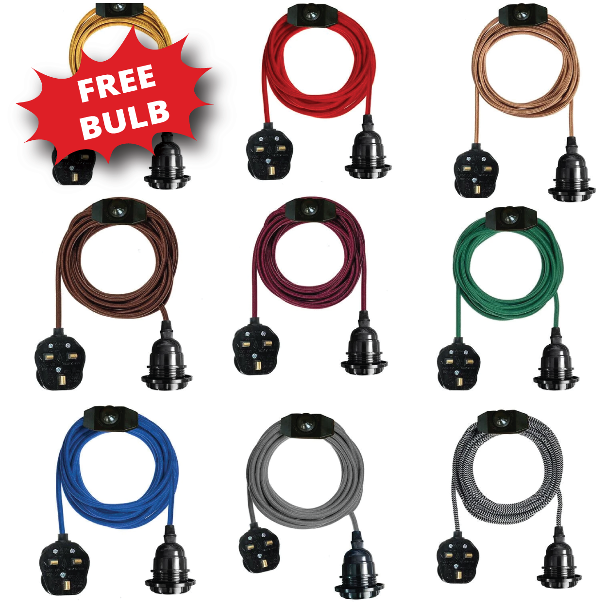 Vintage E27 Dimmable Fabric Plug-in Pendant Light Holder with Free Bulb