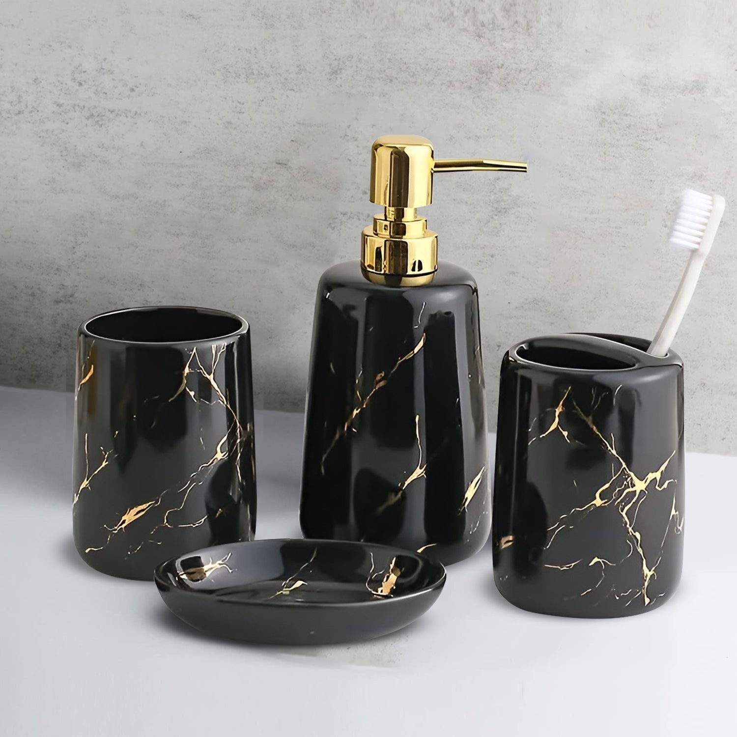 Ceramic 4-Piece Bathroom Accessory Set: Modern Lotion Dispenser, Toothbrush Holder, Tumbler, Soap Dish
