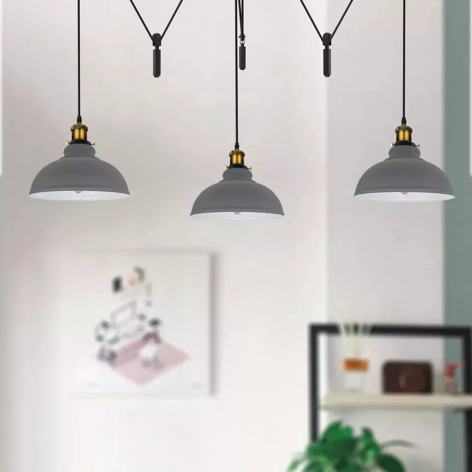 Adjustable Pulley Industrial Pendant Light, Three Dome Shades, E27 Base