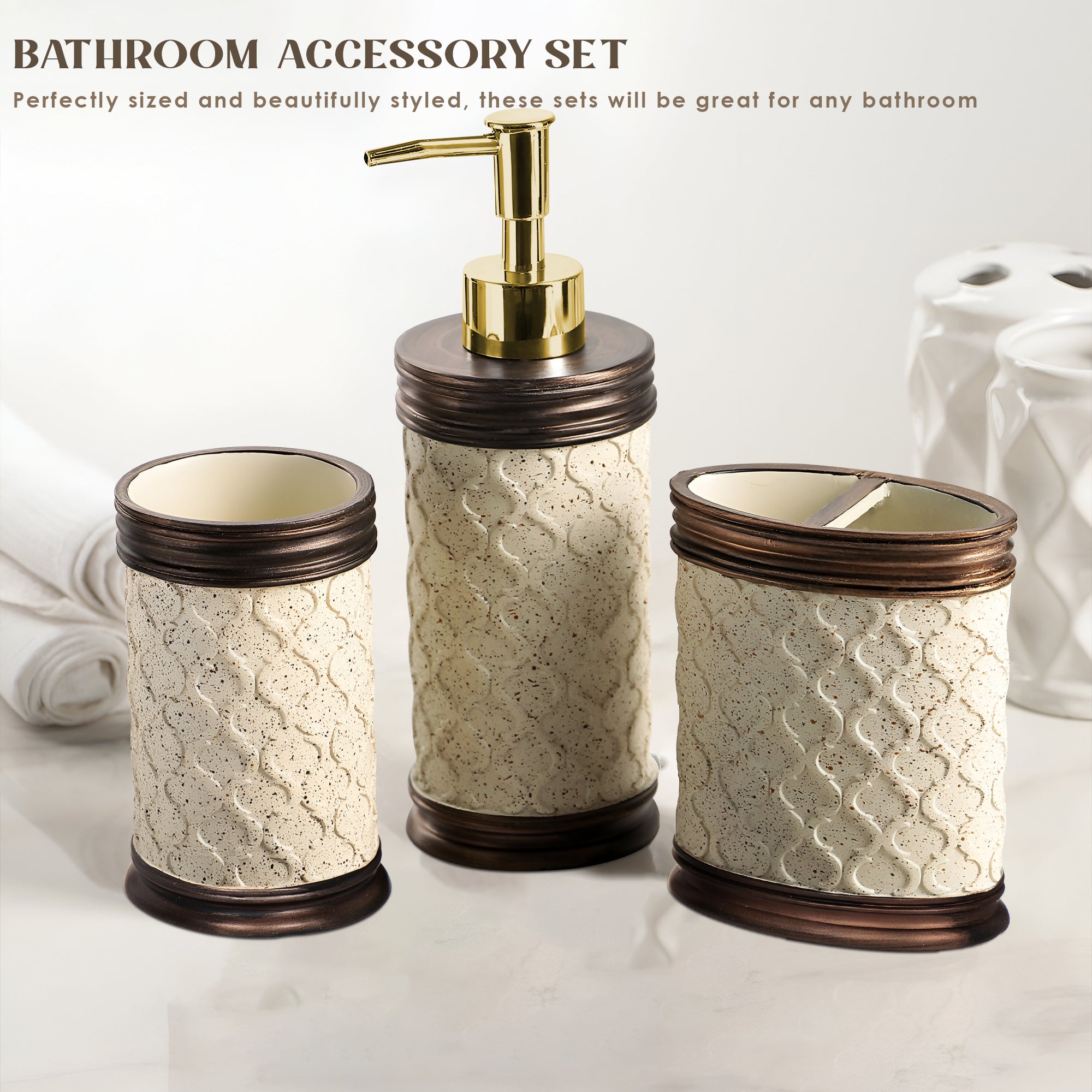 Modern Stone Effect Resin 3-Piece Bathroom Accessory Set for Stylish Homes