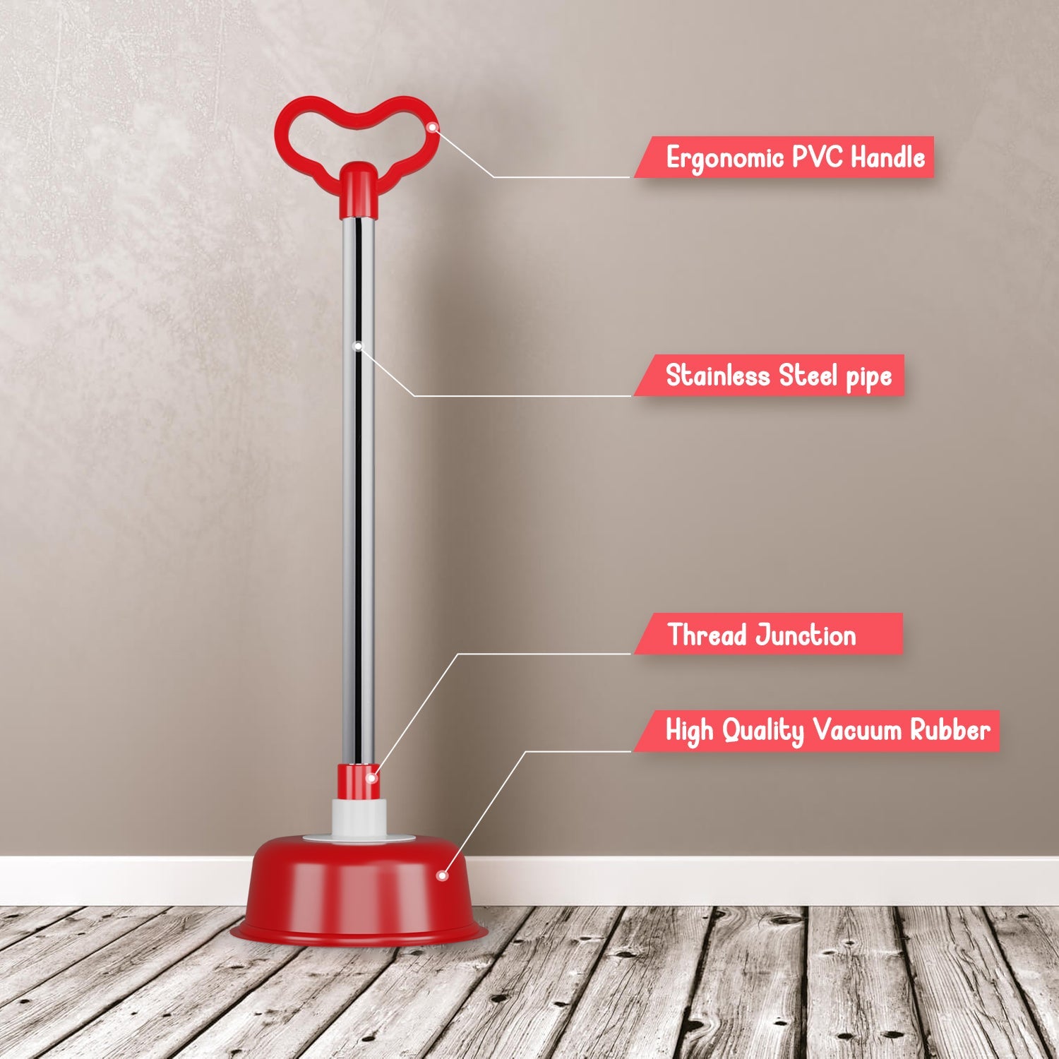 Heavy Duty Vacuum Rubber Toilet Plunger with Ergonomic Durable Handle