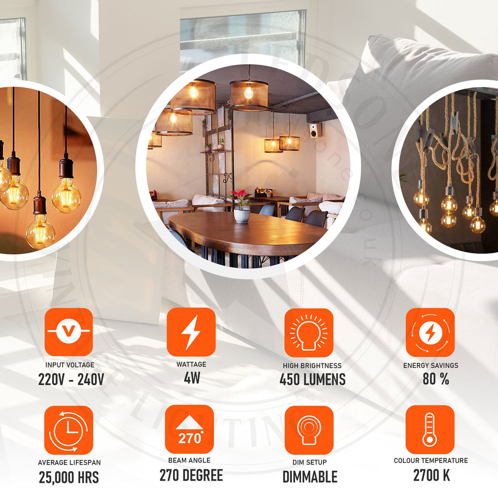 Vintage LED Filament E27 Globe Bulb, Amber Glass, Warm White Light