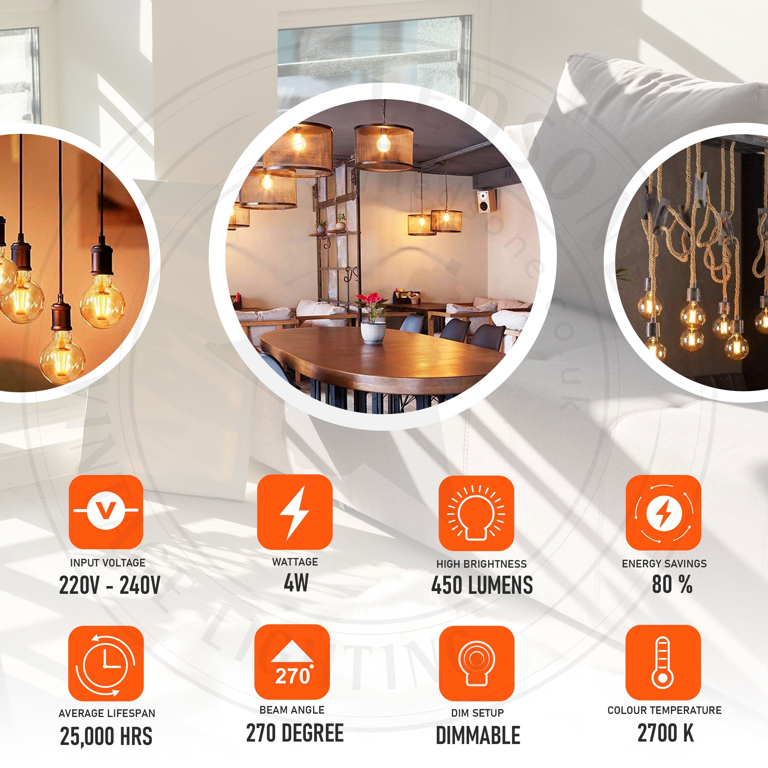 Vintage LED Filament E27 Globe Bulb, Amber Glass, Warm White Light