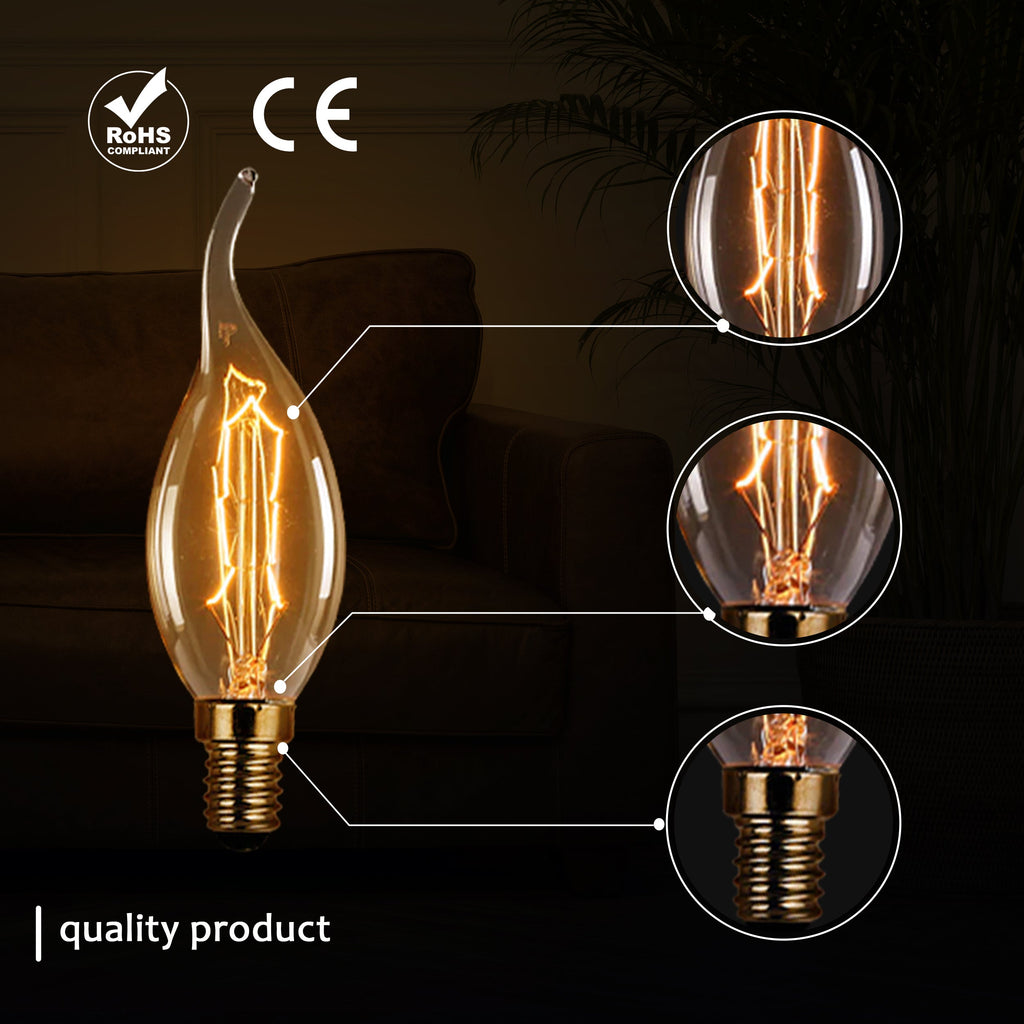 Retro Edison C35 Candle Bulb: 60W E14 Dimmable Warm White Filament Lamp