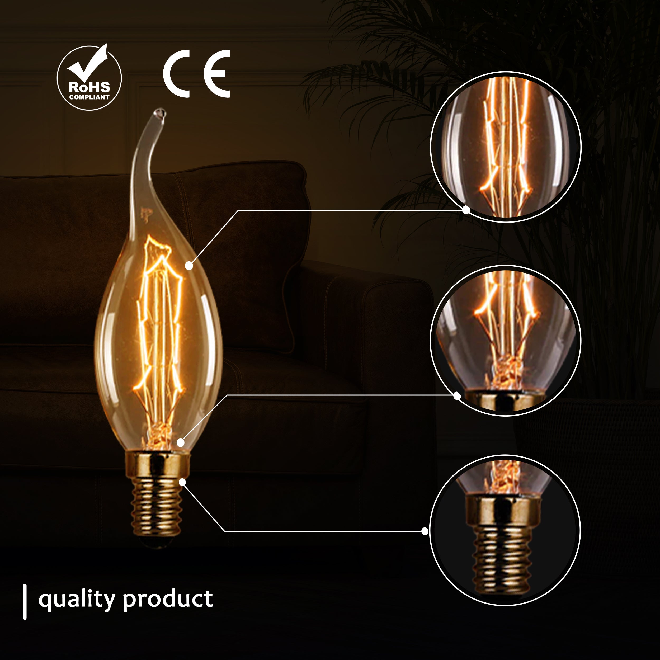 Retro Edison C35 Candle Bulb: 60W E14 Dimmable Warm White Filament Lamp