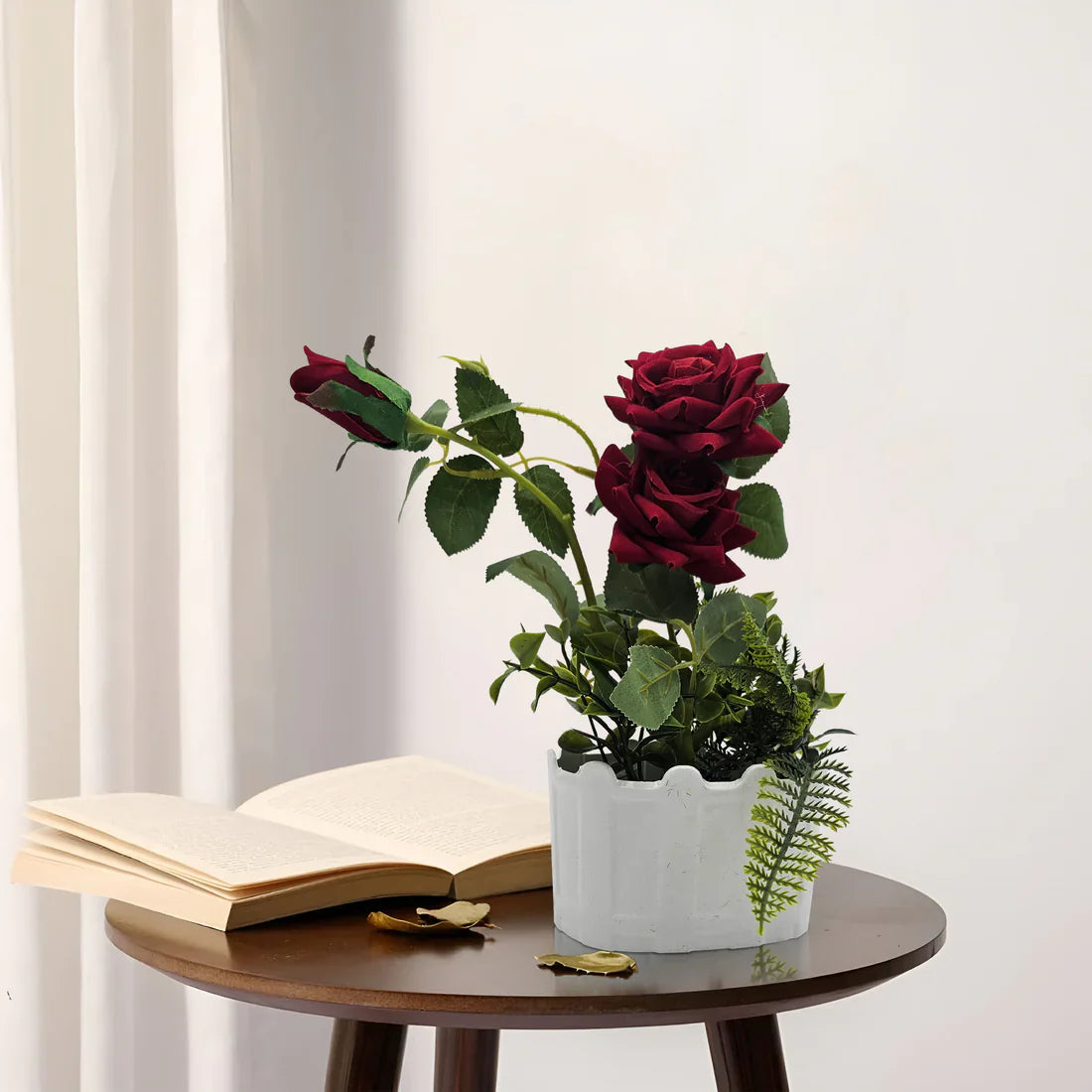 Artificial Silk Rose Flower Set with Elegant White Pot 2 Pack