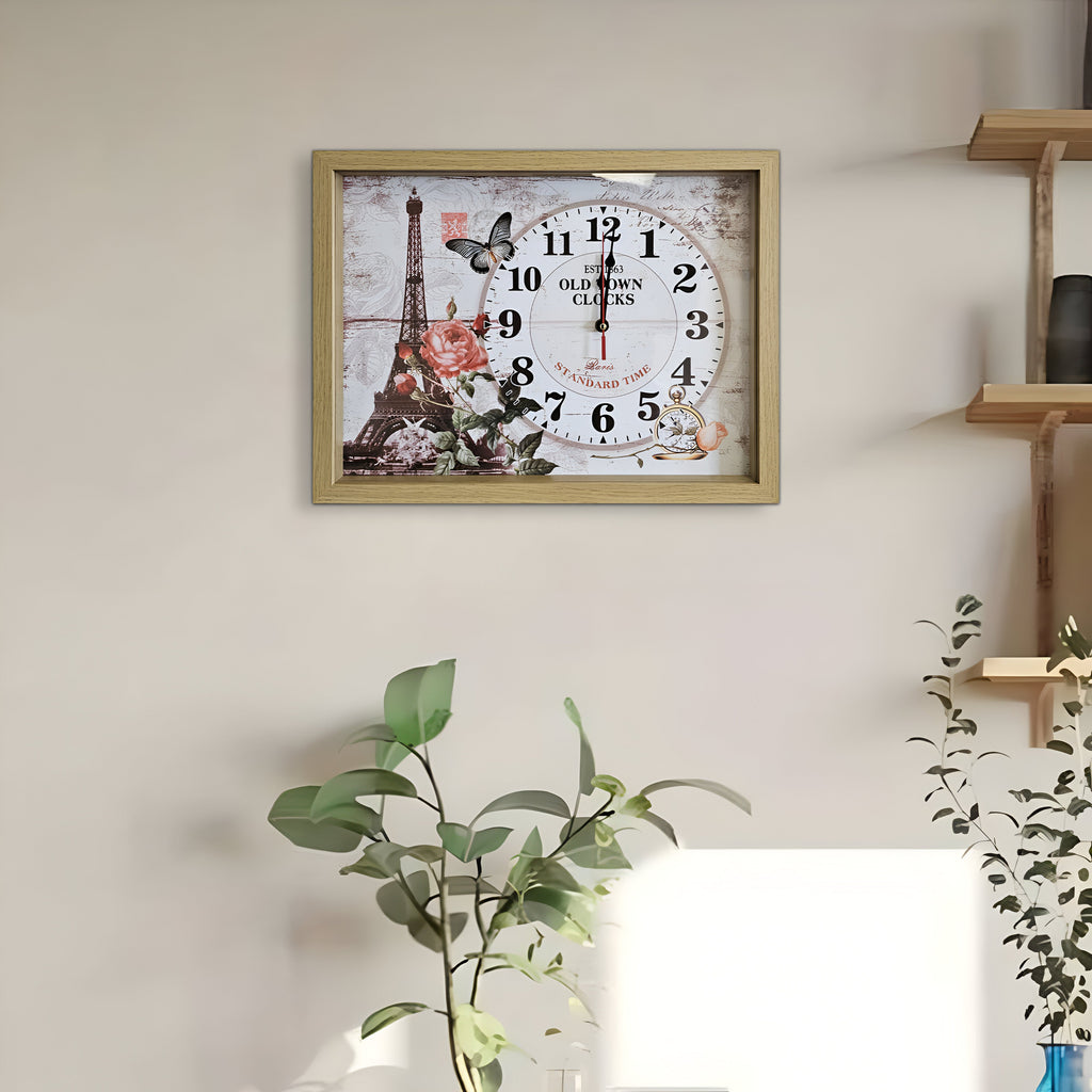 Eiffel Tower Parisian Wood Art Rectangular Vintage Wall Clock