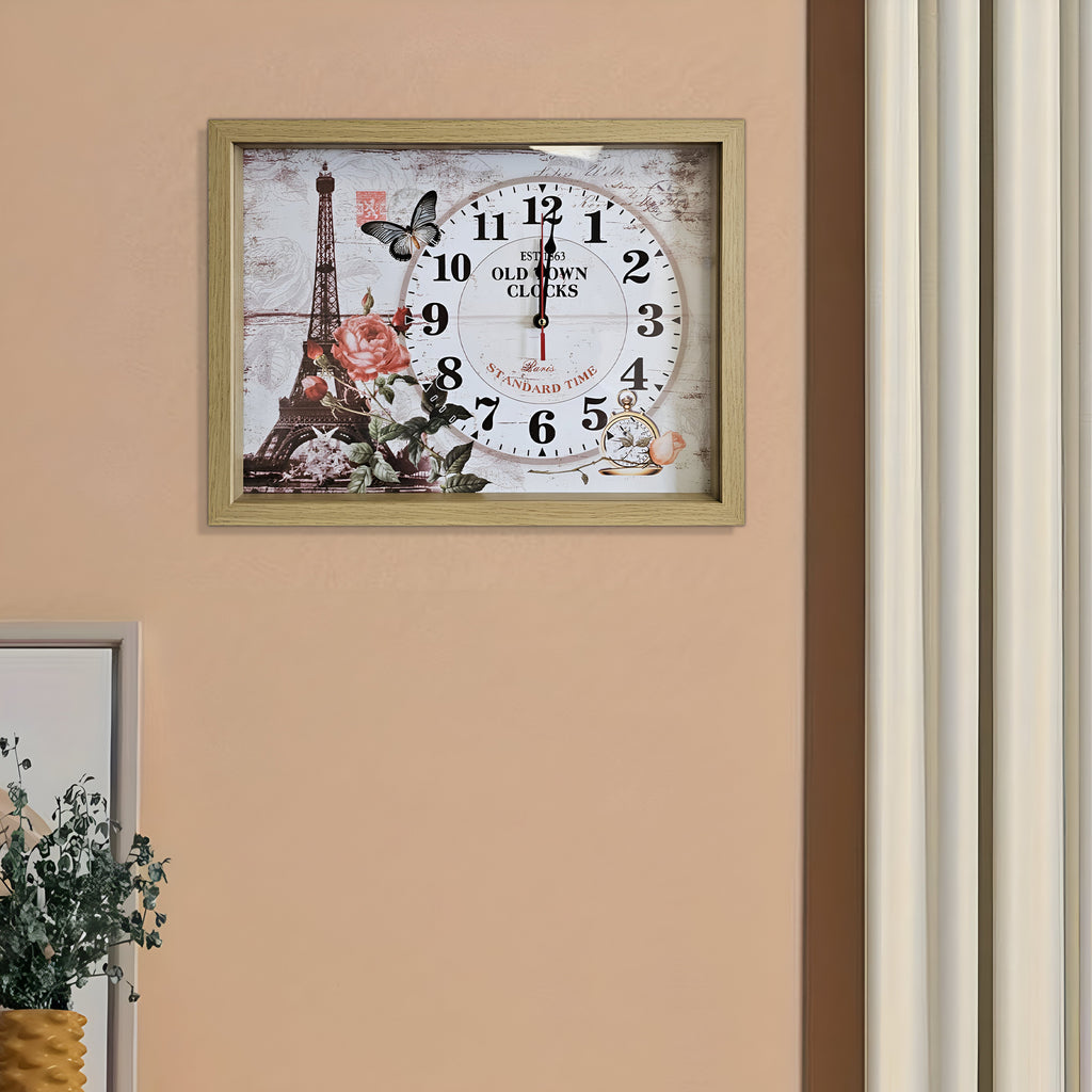 Elegant Parisian Eiffel Tower Wood Art Framed Rectangle Wall Clock
