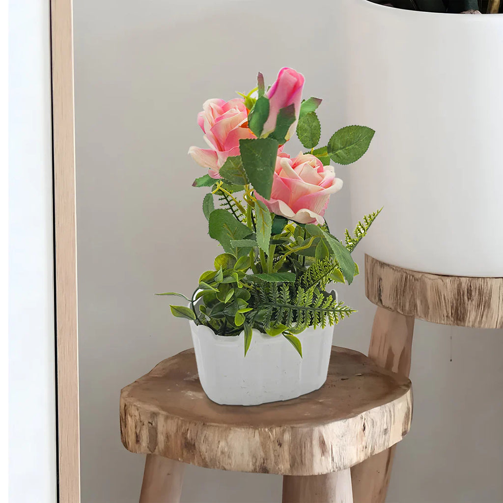 Artificial Silk Rose Flower Set with Elegant White Pot 2 Pack