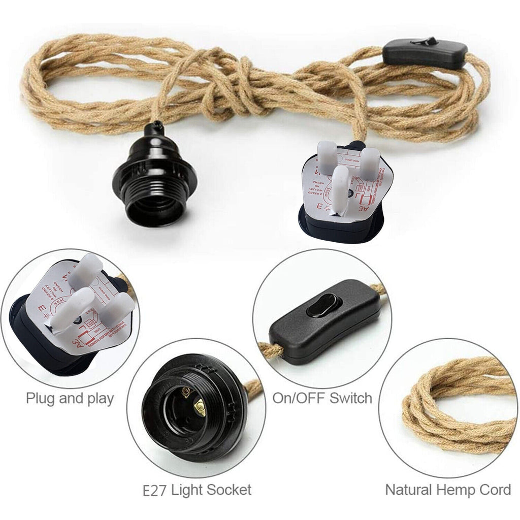 Premium 6.5ft Hemp Fabric Plug-In Pendant Light Kit E27 Holder Switch