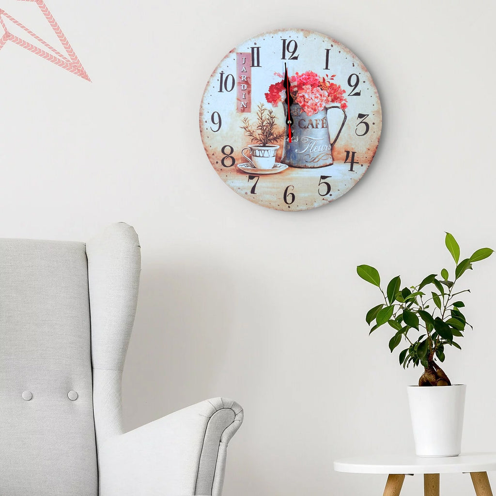Charming Round Cafe Cup Flowers Ticking Shabby Chic Wall Clock for Home Decor