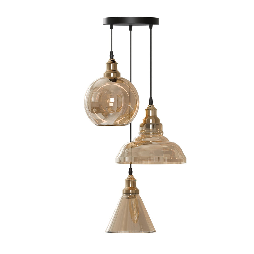 Industrial 3-Head Amber Glass Pendant Ceiling Light Fixture for Dining Room